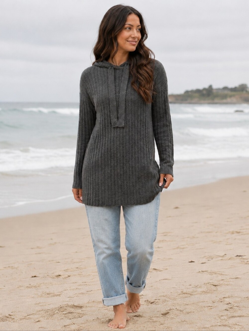 Barefoot Dreams CozyChic Lite Hooded Rib Tunic in Carbon Coastal Women's S NWT